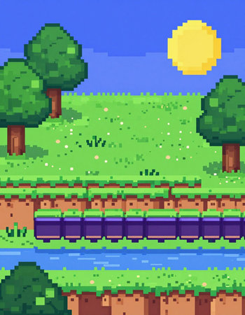 Arcade game world. Pixelated scene with river, trees and bridge