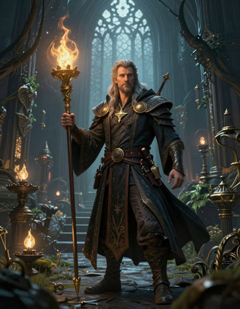 Portrait of a medieval knight in a dark castle. Fantasy.