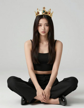 Portrait of a beautiful asian woman wearing a golden crown sitting on the floorの写真素材