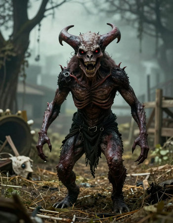 Scary monster with horns and blood on his body in the forest