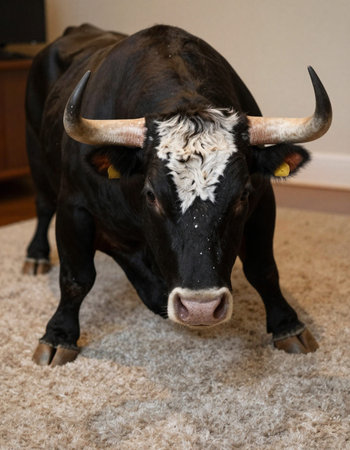 Portrait of a black bull with big horns on the carpet.