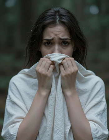 Scared girl in the forest.