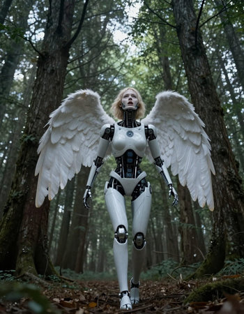 Cyborg woman with white wings in the forest. Fantasy and fantasy.
