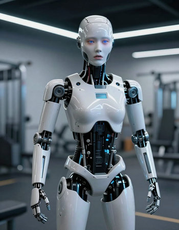 Robot in a modern gym. 3d rendering. Humanoid robotの写真素材