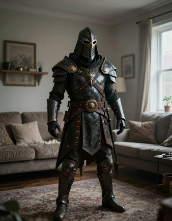 Medieval knight in armor standing in the living room at home.