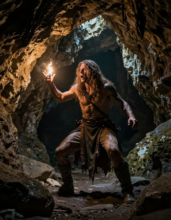 Ancient caveman with fire in his hand. Fantasy and fairy tale.