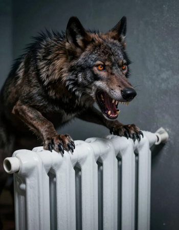 Portrait of a wolf howling on a heating radiator against a dark background