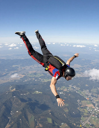 Skydiving photo of a skydiver in free fall.