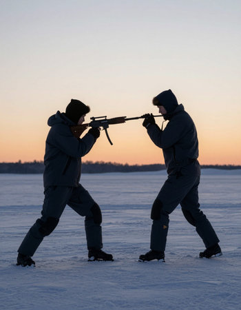 Two men in winter clothes with a gun on a frozen lake
