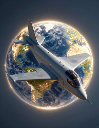 Aeroplane flying over the planet Earth. 3D rendering