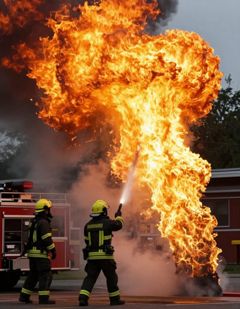 firefighters extinguish a fire with a large flame in the air
