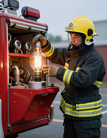 Firefighter in a fire fighting vehicle with a burning lightbulb