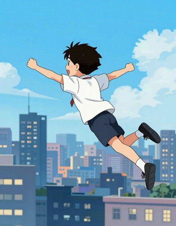 illustration of a boy jumping in the air with cityscape background
