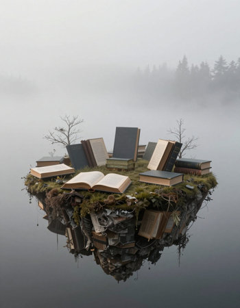 Foggy scene in the middle of a lake with a lot of books