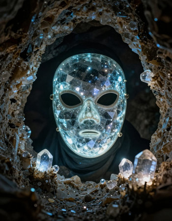 Mysterious man in a dark cave with crystal skull. Halloween concept
