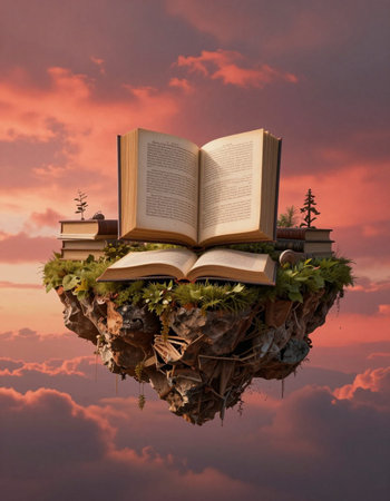 Open book on a floating island in the sky. The concept of education