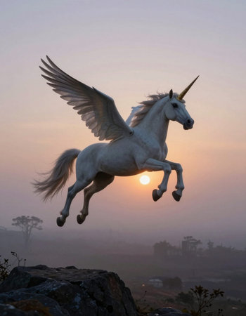 Unicorn in flight on the background of the setting sun.