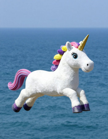 White unicorn on the background of the sea and the sky. Photo for your design