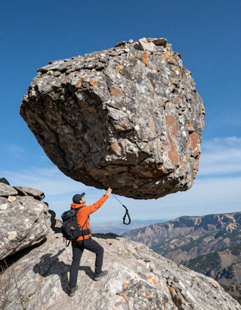 Hiker on top of a mountain holding a big rock in his hands