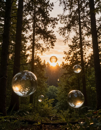 Soap bubbles in the forest at sunset. Beautiful nature background.