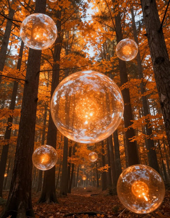 Bubbles in the autumn forest. Fairytale magic forest.