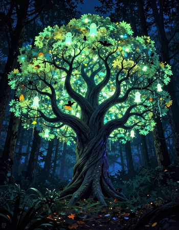 Fantasy tree with glowing lights in the forest. Halloween illustration.