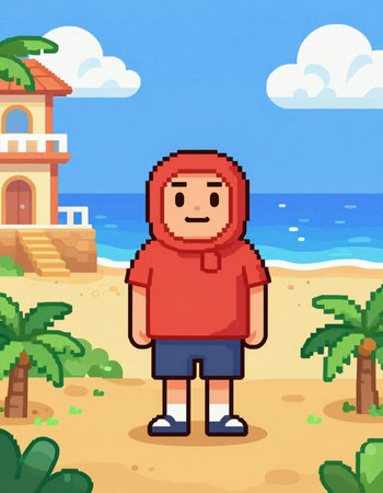 Illustration of a Cute Cartoon Boy in a Red Shirt on the Beach