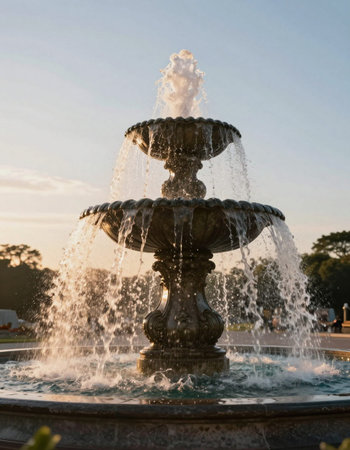 fountain in the city park at sunset. beautiful fountain at sunset
