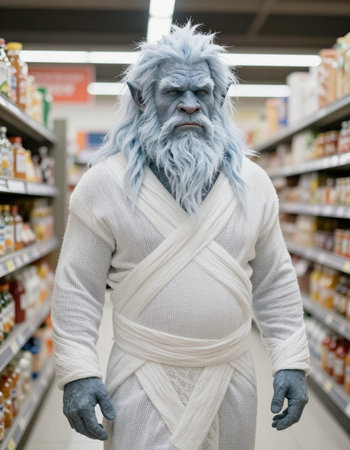 Man with blue hair and a white dressing gown standing in a supermarket