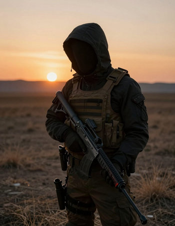 Soldier with a gun in the steppe at sunset time.
