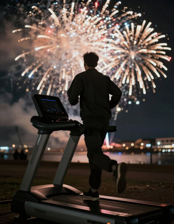 Back view of a man running on a treadmill with fireworks in the background