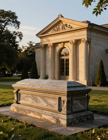 The tombstone in the park at sunset.