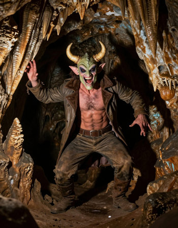 Young man dressed like a devil with horns in a cave