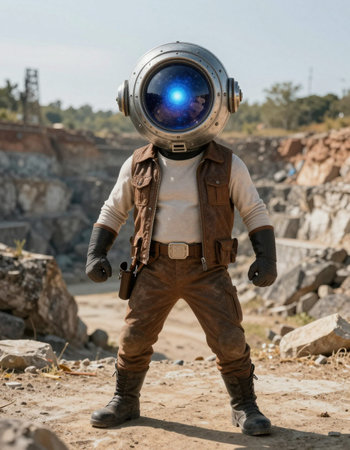 Astronaut on the background of an abandoned mine