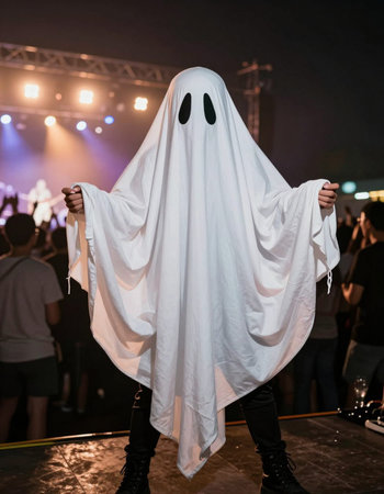 Halloween. A man in a ghost costume is standing on the stage.