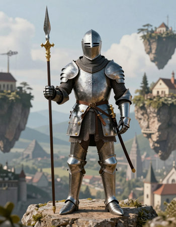 Medieval knight in armor on the stone with castle in the backgroundの写真素材