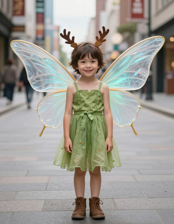 Little girl with fairy wings in the city. Christmas and New Year concept.の写真素材