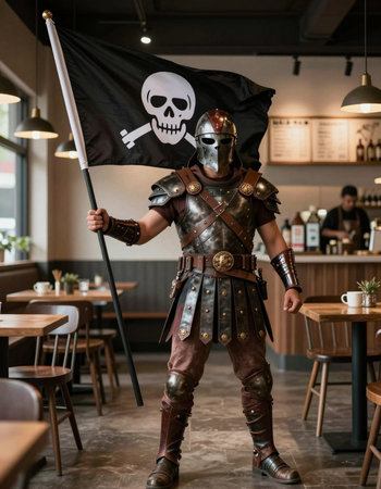 Full length portrait of medieval knight holding flag while standing in cafeの写真素材
