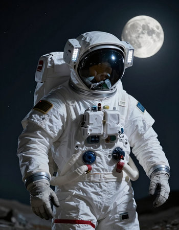 Astronaut in outer space with full moon in the background.
