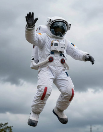 Astronaut in a spacesuit jumps in the cloudy sky.