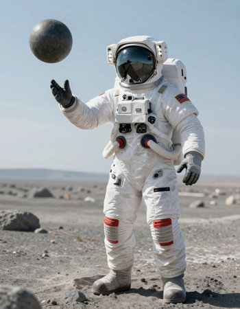 Astronaut in the desert with a ball in his hand.