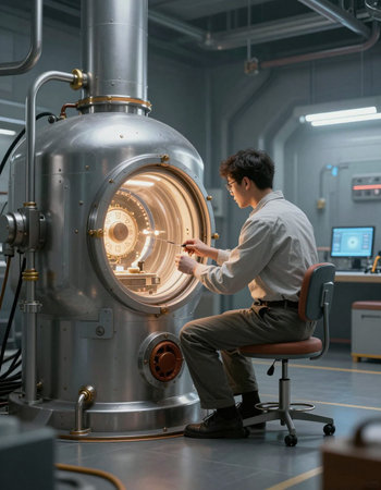Side view of a young engineer operating a large industrial boiler room.の写真素材