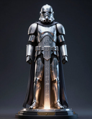Sculpture of a knight on a black background.