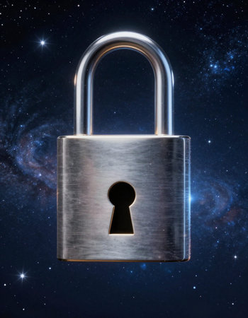 Padlock in space with stars and milky way. 3D rendering