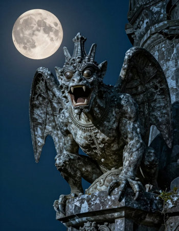 Giant stone dragon statue at night with full moon in the background