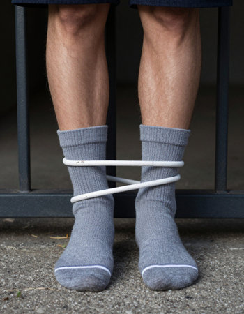 Closeup of man's legs in gray socks with a rope.