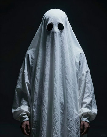 Man in a white ghost costume on a dark background. Halloween.