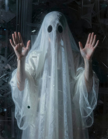 Halloween ghost in a white dress with a hood on his head