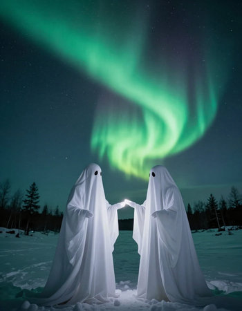Aurora borealis or northern lights in winter forest with two people dressed in white