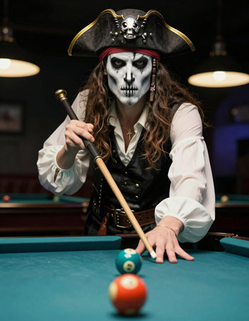 Portrait of a girl in a pirate costume playing billiards